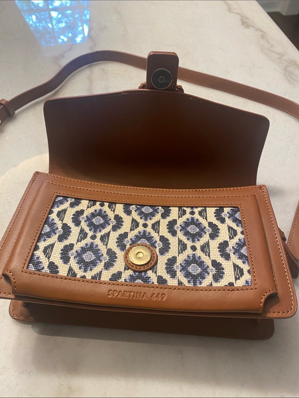 Spartina 449 Brown Leather-Trim Crossbody Bag with Blue raffia Pattern - Picture 6 of 13
